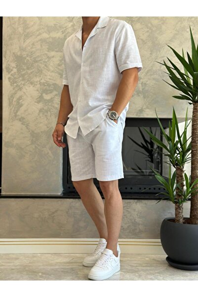 ECARTS Men's Relaxed Cut Raw Linen Bottom Top Shorts Suit White Eca020