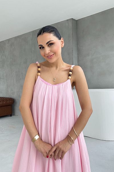 Seda Yalçın Atelier Pink Beaded Strap Detailed Comfortable Linen Dress
