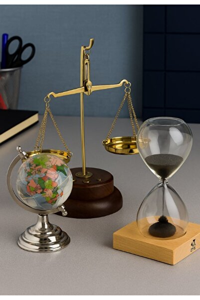 Deco Elit 3 Lü Masa Üstü Seti – Retro Terazi, Kum Saati, Cam Dünya Küre Dekor...