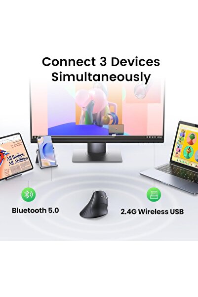 Generic UGREEN Vertical Ergonomic Wireless Mouse - Bluetooth & 2.4GHz, 4 DPI Levels, 5 Buttons, Black