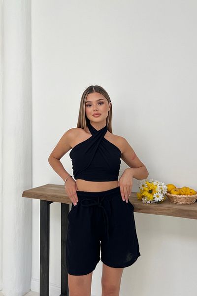 MOZENA Muslin Fabric Cross Tie Detailed Crop and Shorts Two-Piece Set