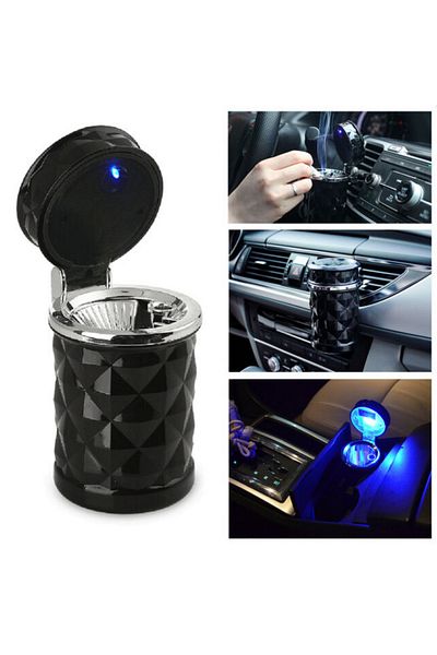 ideal STORE Scrumiera Auto Rotunda, Iluminare LED, Prindere 2in1: Grila, Ventilatie sau Suport Pahar, Negru, 1