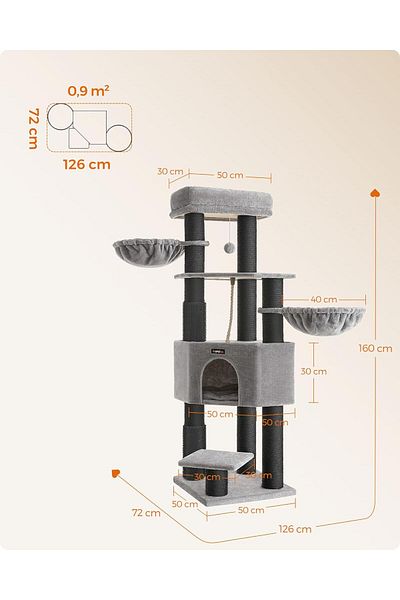 feandrea Cat Play Set, With 9 Sisal Posts, Large Platforms And House, 50x50x160 Cm, Gray