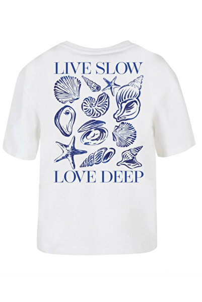 LAYORA Women's White Seashell T-Shirt - Live Slow Love Deep Written Oversize