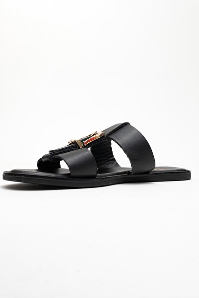 LuviShoes Sveta Black Skin Buckle Genuine Leather Women's Slippers