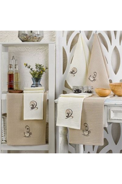 Eponj Home Set 6 prosoape de bucătărie cu broderie cafea, 40x60cm, Eponj Home, Cafea