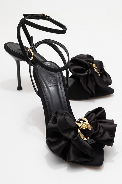 LuviShoes Lucy Black Satin Bow Women's Thin Heeled Shoes