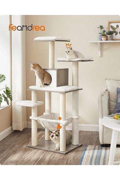 feandrea Cat play set, tree type, with hiding place and hammock, 55x45x138 cm, white and gray