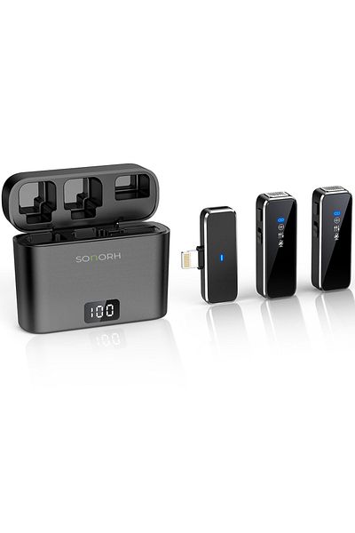 SONORH Set PROFESIONAL de 2 microfoane wireless Lavalier, reducere a zgomotului, afișaj LED, iPhone