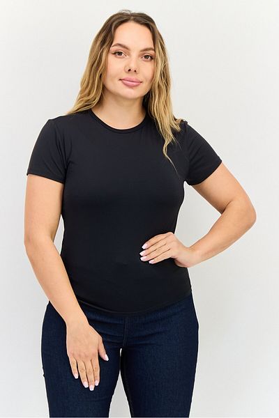 Bebe Women Crew Neck Short Sleeves Plain T-Shirt, Black