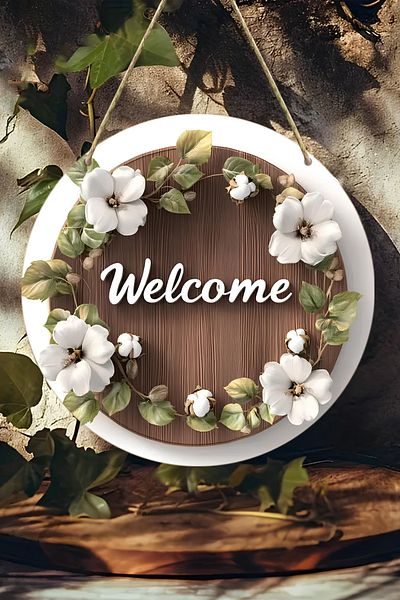 kutuTR 🪵   White Floral Welcome Written Mdf Door Ornament (20 cm) Ks008