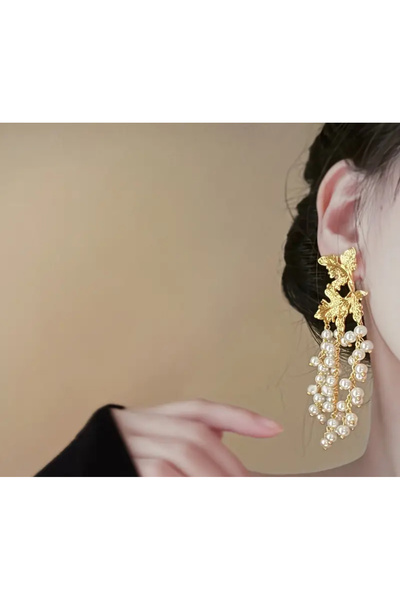 LİLİBETH BİJOU Altın Yaprak ve İnci Detaylı Sallantılı Küpe