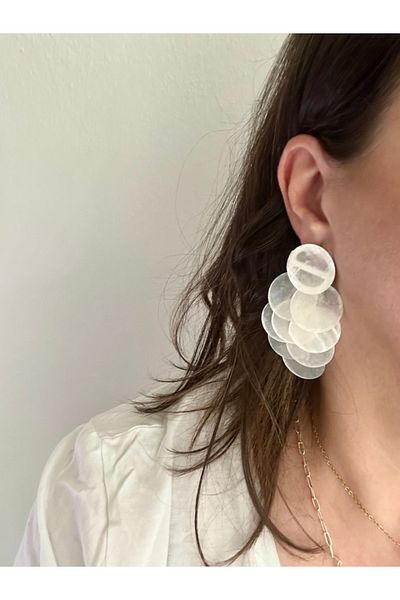 ALS Tasarım Dünyası Women's White Color Pearlescent Acrylic Dangle Model Earrings Length: 7 cm