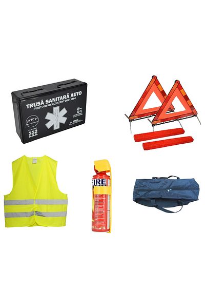 ART Kit siguranta auto ART, Omologat R.A.R, Valabilitate 5 ani, 1x Trusa Prim Ajutor, 2 x Triunghiuri, 1