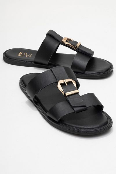 LuviShoes Sveta Black Skin Buckle Genuine Leather Women's Slippers