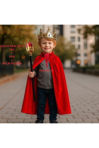 moysahsap party&ahşap Kral Seti çocuk model -Taç-Asa-Yakalı Pelerin 90 cm uzunluk