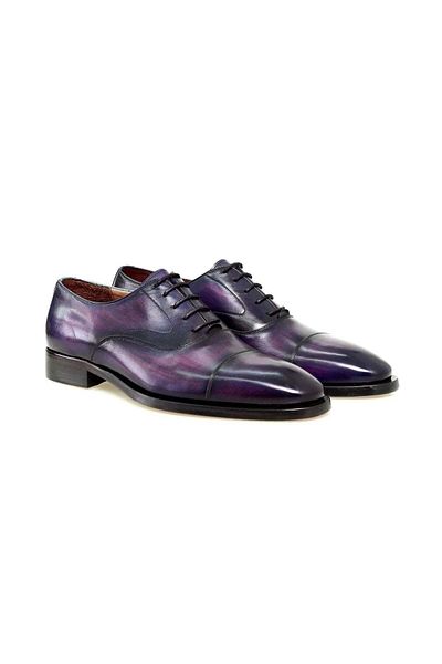 Butik Purple Color Lace up Khaki Leather Hand Painted Men's Shoes
