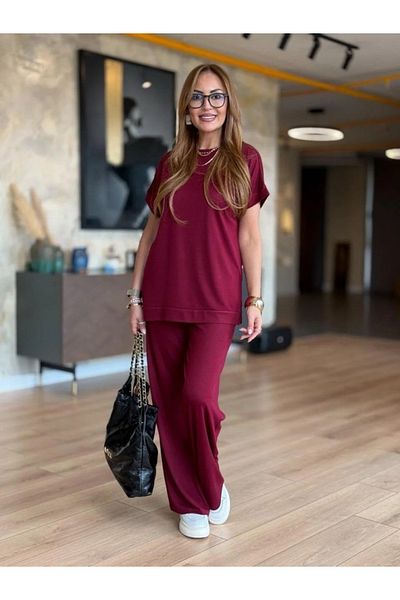 Modayakamoz Women's Short Sleeve Crew Neck Viscose Two Piece Set Blouse and Pants