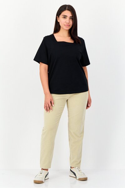 Giordano Women Square Neck Short Sleeves Solid Tops, Black