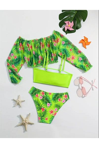 3b kids Green Floral Bikini Swimsuit Bustier Blouse Set