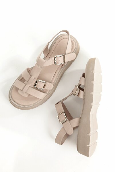 Modabuymus Loriza Stone Color Γνήσιο Δερμάτινο Σανδάλι Χοντρή Σόλα Γυναικεία Παπούτσια