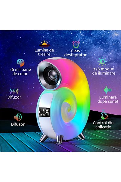 SONORH Lumină de noapte cu difuzor Bluetooth, stereo, ceas deșteptător, simulare răsărit de soare, iluminare multicoloră