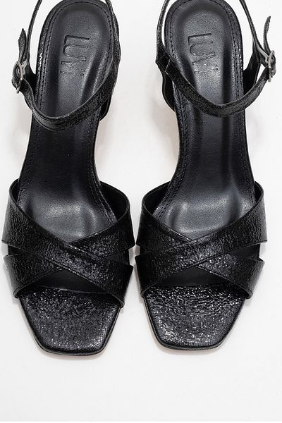 LuviShoes Melin Black Patterned Cross Strap Women's Heeled Shoes