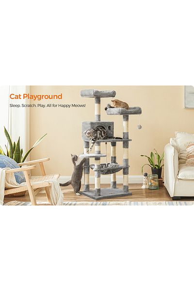 feandrea Cat Play Set, Tree Type, With 3 Cushions, 55x45x143cm, Gray
