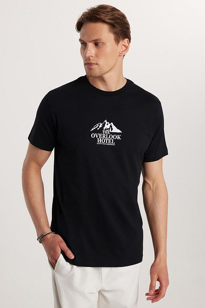 Tudors Men's Slim Fit Slim Fit 100% Cotton Soft Texture Printed Black Crew Neck T-Shirt