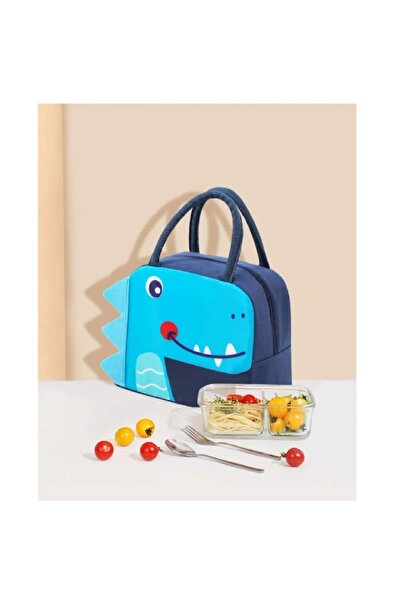 The Casius. Geantă de prânz cu imprimeuri de dinozauri, culoare albastră, The Casius