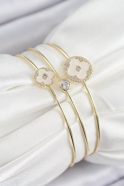 NETWORK ART Bfs Brass Zircon Stone Clover Model Gold Color Vip 3-Piece Women's Bracelet
