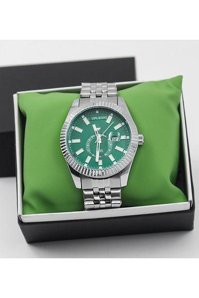 vegahediye v vega Custom Boxed Green Dial Classic Stainless Steel Silver Color Luxury Men's Wristwatch with Calendar