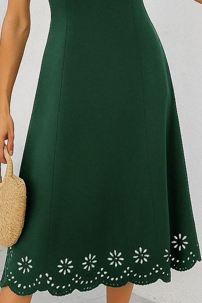 Viyamo New Season Women's Sleeveless Hem Laser Cut Floral Pattern Midi Length Imported Crepe Dress