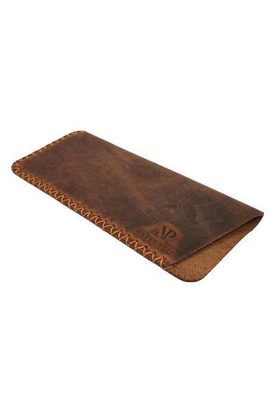 Natty Pell Leather Glasses Case Natty Pell, Brown with Orange Stitching, Size M
