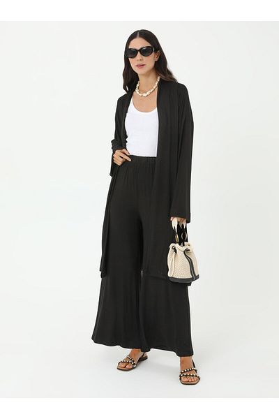 Benin Viscose Fabric Long Kimono & Trousers Knitted Set - Black - Benin
