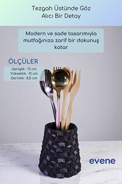 Evene Tezgah Üstü Kaşıklık Dekoratif Dik Kaşıklık Silindir Kaşıklık Siyah Renk Model 84
