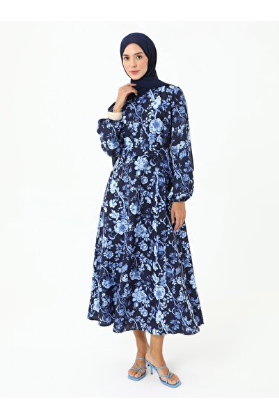Refka Çiçek Desenli Tesettür Elbise - Lacivert desenli - Refka