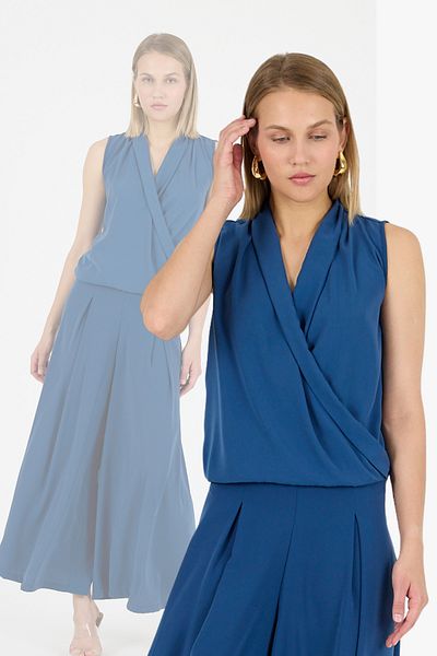 Laranor Blue Double Breasted Collar Medine Silk Blouse 25L8104