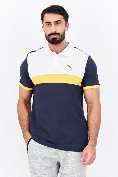 Puma Men Slim Fit Brand Logo Short Sleeves Outdoor Polo Shirt, Navy Combo