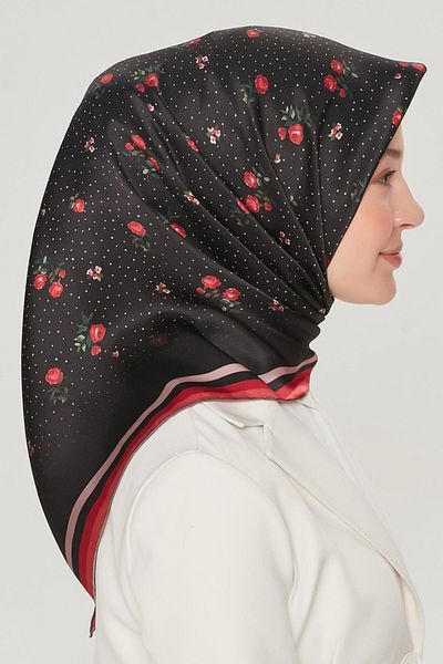 Armine Nostalgia Series Twill Silk Scarf 8502D-09 Floral Pattern Black-Red