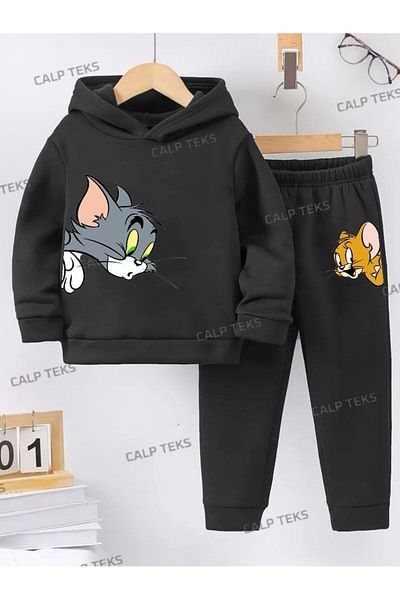 CALP TEKS Tomm Jerry Bottom and Top Printed Hooded Cotton Thick Fabric Children's Set