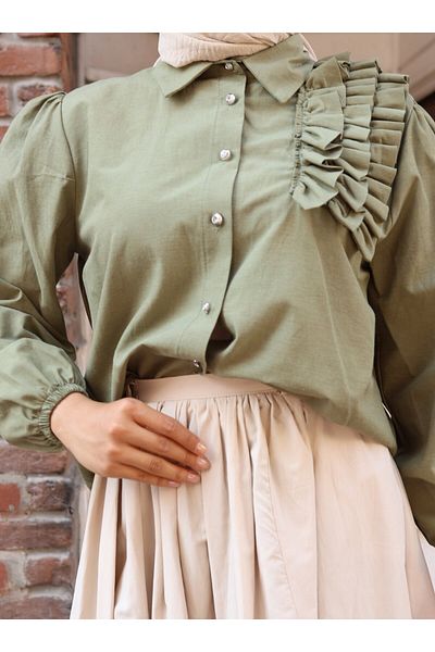 VAV Left Shoulder Ruffle Shirt - Khaki - Vav