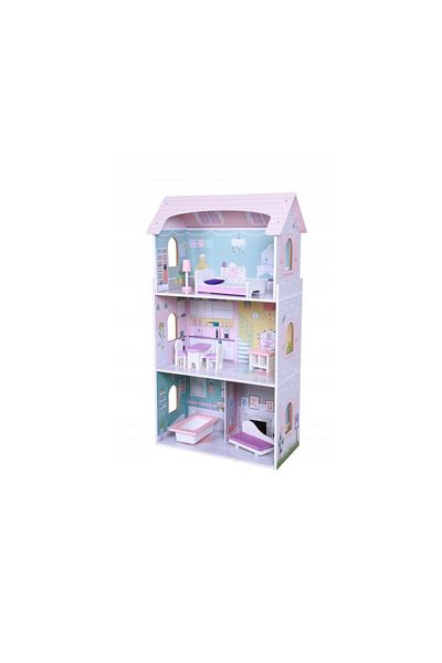 bigshot Wooden Dollhouse for Children, Bigshot BS4121PNK, 3 Levels, 4 Rooms, Bathroom, Kitchen,