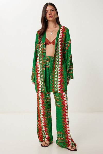 Lovelyİstanbul Patterned Summer Viscose Kimono Trousers Set