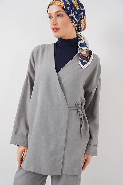 Bigdart Women's Double Breasted Collar Kimono Bottom Top Set 6743 - Gray