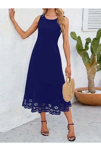 Viyamo New Season Women's Sleeveless Hem Laser Cut Floral Pattern Midi Length Imported Crepe Dress