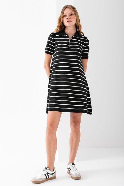 GİYSA Rochie de damă cu guler polo cu fermoar detaliat tricotaj în dungi Negru Alb - 4003 Mărime Standard