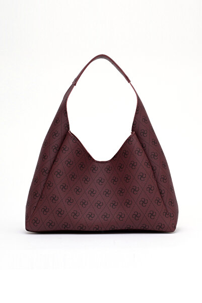 SHAKA Monogram Printed Burgundy Shk19 Faux Leather, Snap Closure, Single Compartment, Zippered Makeup Bag, Hand, Arm and