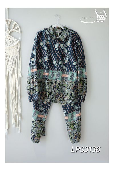 LINELLE Co-Ord Set – Blue Floral Printed Pant and Shirt in Cotton-Polyester Blend.
