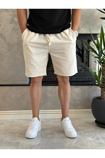 ECARTS Men's Lace-Up Comfortable Fit Linen Shorts Cream Eca006